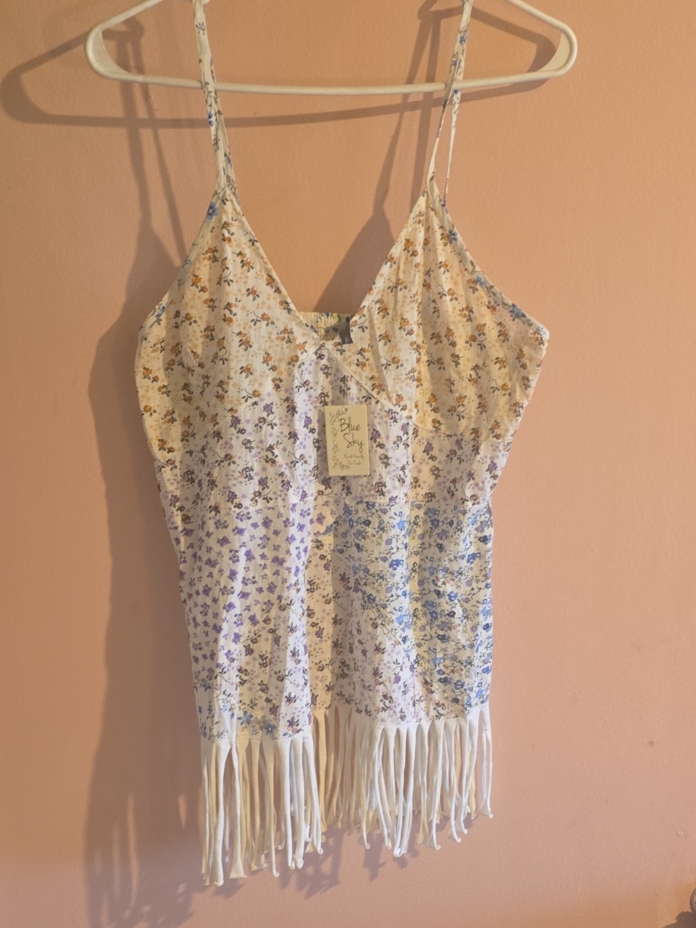 NWT Blue Sky Floral Fringe Cami Top - Cream with Purple & Blue Flowers Size M